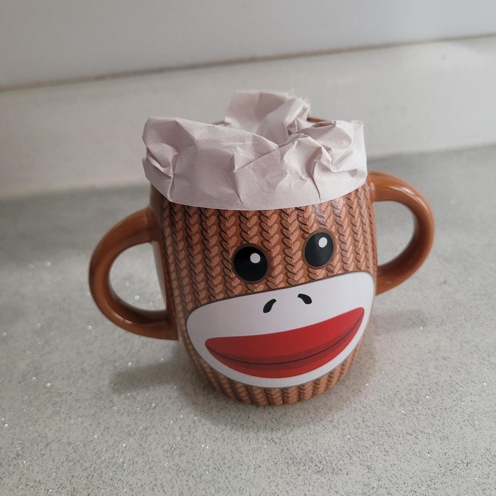 Galerie Brown Sock Monkey Ceramic Mug Two Handles Knit Texture Novelty Mug